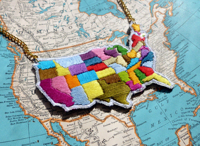 Double Takes: HAND-EMBROIDERED MAP OF THE UNITED STATES NECKLACEDouble Takes Blog